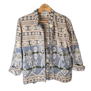 Flashback Tapestry Jacket Blue Tan Medium Boho Art To Wear Loop Buttons